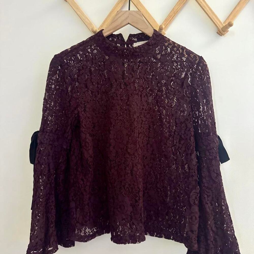 Whimsigoth merlot lace bell sleeve mock neck blouse - Picture 2 of 5